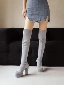 欧美新款秋冬修身弹力羊毛过膝长靴，性感细高跟防水厚底女靴 - 灰色 - 查看 3