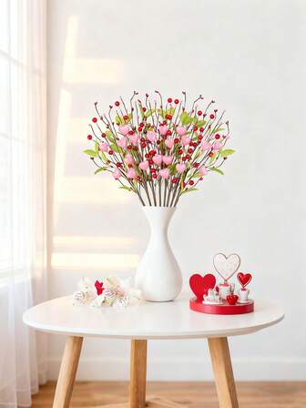 Selección de decoración de Día de San Valentín con forma de corazón y bayas - 1/3 piezas de flores artificiales con hojas rojas y tallos de flores con bayas, adecuado para regalo de Día de San Valentín, ramo de boda, decoración del hogar