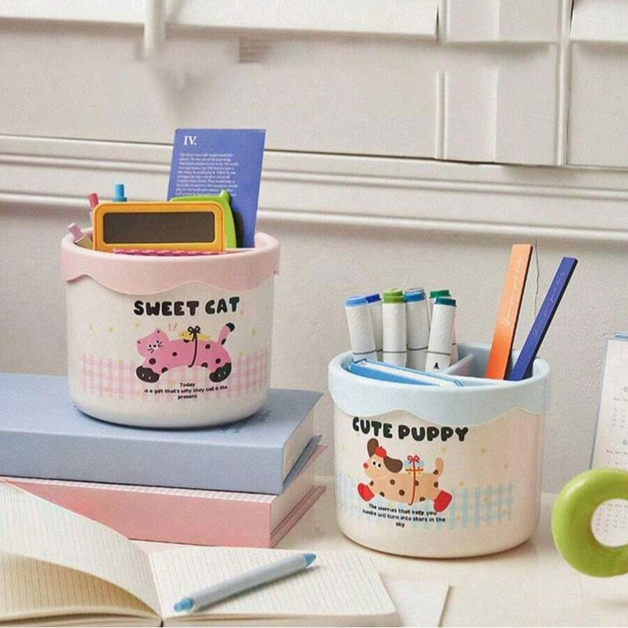 Multifunctional Makeup Organizer Box, Desk Storage Pen Holder Trash Can Divided Compartments For Lipstick, Eyeshadow, Brushes - Multicolor - View 1