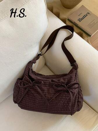 Korean & Japanese Style Plaid Women's Shoulder Bag, Casual & Versatile, Bow Decor, Multi-Pocket, Foldable, Adjustable Strap, Suitable For Daily Use, School/College, Simple & Cute, Pleated, Multi-Pocket, Drawstring Front Pocket Plaid Cloth Bag , Old Money
