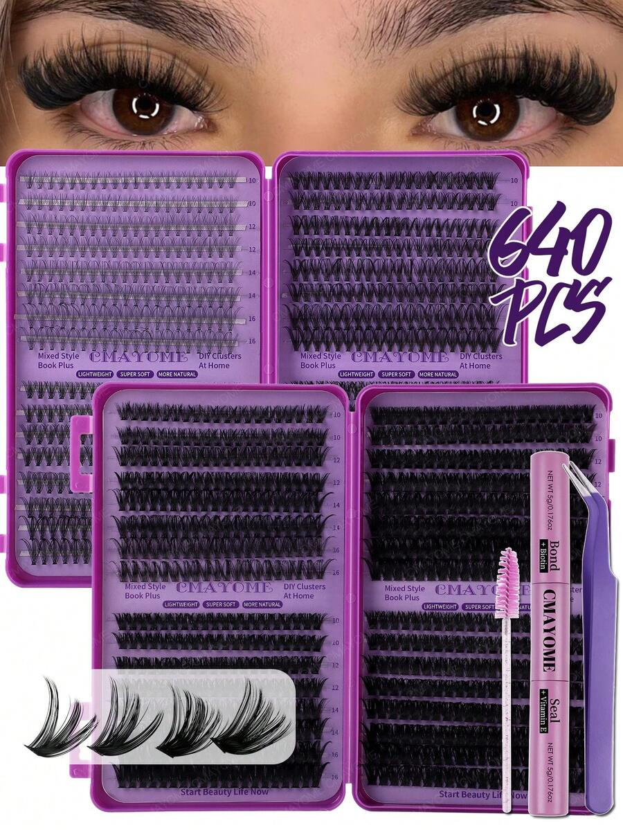 640片假睫毛套装，含睫毛工具，大容量可重复使用条状假睫毛，长度10-16毫米，D-100D可选，蓬松自然纤长，适合新手日常佩戴，是派对、周年纪念日和圣诞节的理想礼物。
