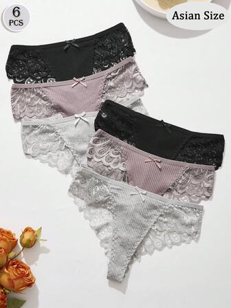 6条装女士纯色可爱蝴蝶结罗纹蕾丝边性感丁字裤