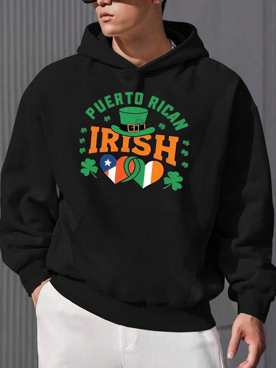 Puerto Rican Irish Cultural Fusion Hoodie - Men's Size, Long Sleeve, Loose Fit, Polyester, Knit Fabric, Casual Style, Printed Design, SIZE - 黑色 - 查看 1