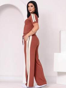 Women's Basic Pants And Blouse Set With Stripes On The Side - Chocolate Brown - View 3