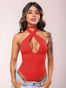 Women's Bodysuit, Low-Cut, Polyamide, Deep Neckline, Halter Neck, Multi-Way Style – Elegant Blogger Fashion - 紅色 - 查看 1