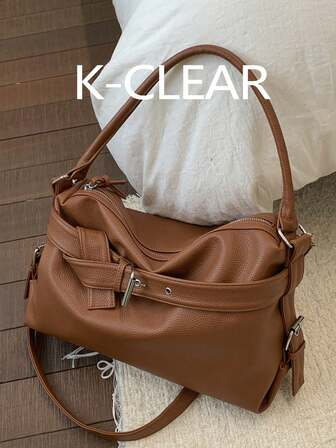 1件简约复古设计荔枝纹女式软肩托特包，女士手提包，秋冬新款女士单肩包，秋季最佳手提包，女士休闲手提包