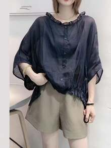 Loose Batwing Sleeve Flattering Casual Linen Shirt - Navy Blue - View 4