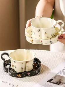 1 套豪华花瓣形咖啡套装，陶瓷茶杯和茶碟，适合下午茶、甜点和礼品套装、早餐饮水杯、茶会、下午茶、家居、花园、餐厅、夏季和冬季