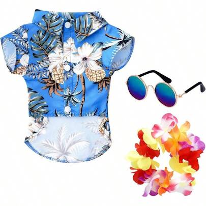 3 Pieces Pet Dog Hawaiian Costume Summer Shirts Cats Dogs And A Colorful Wreath Small To Medium Dog Party Costume
