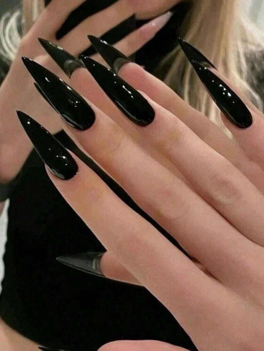 24pcs Matte Black Long Pointed Press On Nails + 1pc Jelly Glue + 1pc Nail File Nail Supplies-Halloween,Christmas,Fall,Winter, Supplies, IRNM - 黑色 - 查看 1