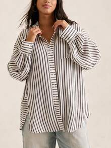 Camisa casual de bolso de manga longa com listras e abotoamento único para mulheres plus size, primavera - Listras cinza e brancas - Visão 8