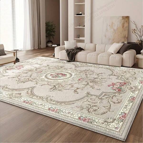 Luxe fluwelen vloerkleed van 850 g/m² - ultrazacht en pluche, elegant roze en groen bloemenrandontwerp, antislip en machinewasbaar, geweldig voor woonkamer, slaapkamer of kantoorinrichting, woonkamertapijt