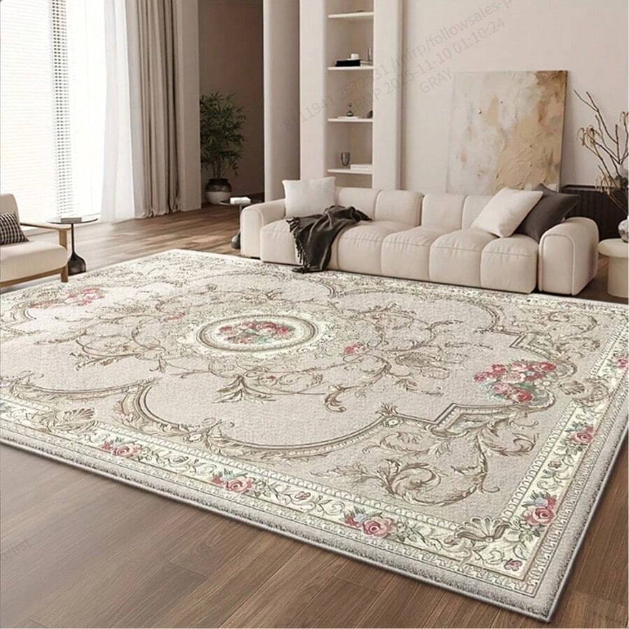 850gsm Luxury Velvet Area Rug - Ultra Soft & Plush, Elegant Pink & Green Floral Border Design, Non-Slip & Machine Washable, Great For Living Room, Bedroom Or Office Decor, Living Room Carpet - Multicolor - View 1