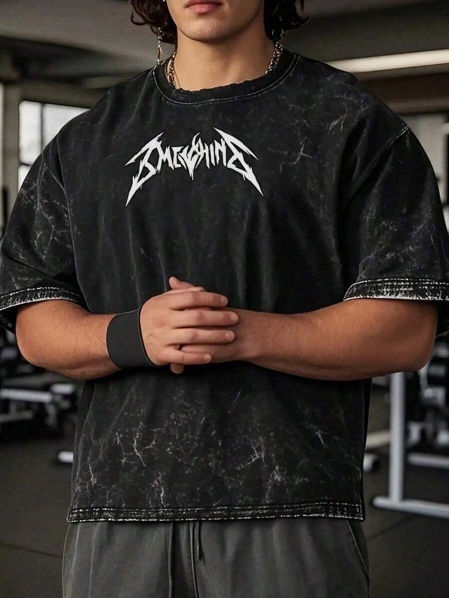 Men's Vintage Washed Y2g Streetwear Casual T-Shirt-Men's Heavy Weight Retro Washed Loose T-Shirt-Second-Hand Black Color Nostalgic Workout Shirt With White Greek Letter Print, Round Neck Short Sleeve Casual And Sports Top, Machine Washable Suitable For Fitness, Daily Wear And Wear Bandage Dress (Durable Retro Appearance, Youth Loose Design, Comfortable Fit, Long-Term Non-Fading, Ideal For Leisure And Fitness)-Thick Fabric, Distressed Texture, Young Style, Suitable For Gym And Weekend Wear, Plus Size-Suitable For Daily Wear, Party2025 - màu đen - Xem 1