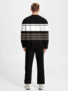 男士条纹字母数字印花圆领运动服套装（2件套），印花休闲卫衣和裤子，适合户外运动。 - 黑色 - 查看 2