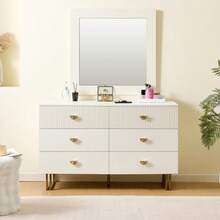 Modern Sideboard And Mirror Set In White – Elegant Combination Of A 6-Drawer Chest Of Drawers With Gold Accents And A Square Wall Mirror (80x80 Cm) – Perfect For Hallway, Bedroom And Living Room - 白色 - 查看 3