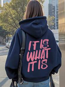 新款女式秋冬連帽衛衣，印有「It Is What It Is」標語，柔軟舒適，抓絨上衣 - 藏蓝色 - 查看 5