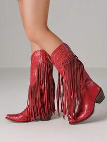 Women's Fringe Cowboy Boots Pointed Toe Chunky Heel Pull On Western Wide Calf Shoes Embroidered Tassal Cowgirl Boot With Riveted Design For Halloween Christmas - 紅色 - 查看 5