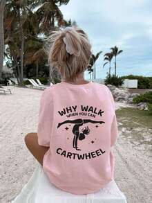 Tween Girls Gymnast Print Round Neck Short Sleeve T-Shirt, Summer Top - Pink - View 1