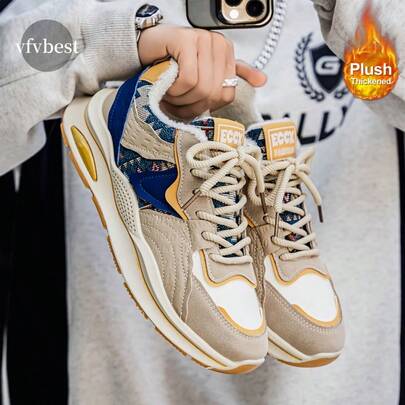 2025 Winter New Sports Casual Shoes, Versatile Thick-Soled Comfortable And Durable Hheight-Increasing Dad Shoes, Men's Fleece-Lined Warm Snow Sports Shoes