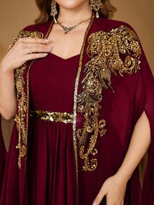UNITHORSE Plus Size V-Neck Heavily Embroidered Extra Long Flared Sleeve Black Chiffon Dress - Burgundy - View 6