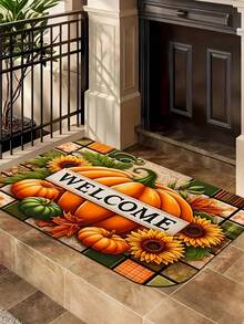 Welcome Mat - Non-Slip, Machine Washable Plush Polyester Doormat - Autumn Harvest Pumpkin And Sunflower Design, Suitable For Entryway, Kitchen, Living Room, Thanksgiving, Graduation Decor - Rectangular Indoor Floor Mat Kitchen Rug