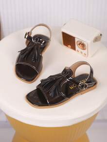 1双儿童流苏PU休闲时尚凉鞋，适合夏季穿着 - 酒紅色 - 查看 4