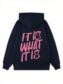 新款女式秋冬連帽衛衣，印有「It Is What It Is」標語，柔軟舒適，抓絨上衣 - 藏蓝色 - 查看 7