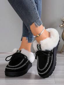 Women's Winter Indoor/Outdoor Lace-Up Thermal-Lined Warm "Style" Snow Boots, New Fashionable & Comfortable Closed-Toe/Stitched Mark Slippers, Classic Warm Fuzzy Thick-Soled Snow Boots,Fur Boots - Black - View 13