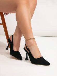 Wide Fit Black Faux Suede Metal Buckle Decor Backstrap Stiletto Heel Pumps, Suitable For Daily Wear, Banquet, Party, Fashion Plus Size Women - Black - View 3
