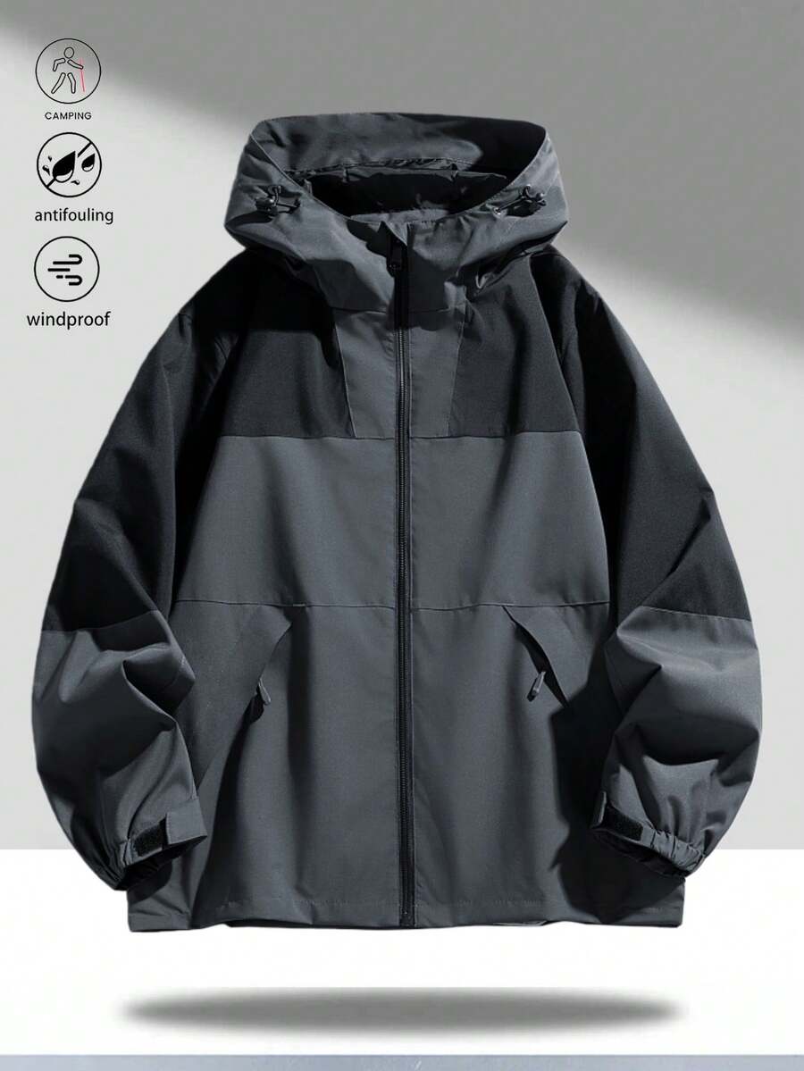 Men's Lightweight Casual Hooded Jacket, Loose Versatile Windbreaker, Spring/Autumn Zipper Design Utility Jacket, Suitable For Daily Wear, Gatherings, Hiking, Trekking And Various Occasions - Dark Grey - View 1