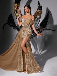 Fairy Style Pink Sequin Beaded Strapless High Slit Mermaid Prom Dress - Champagne - View 4