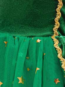 Young Girls' Puff Sleeve Printed Mesh Bow Velvet Elegant Party Dress, Suitable For Christmas Party, Family Gathering, Without Headband - Dark Green - View 10