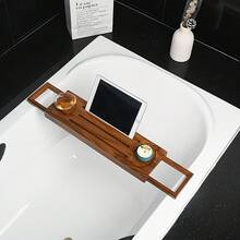 1pc Expandable Bamboo Bathtub Tray | Wine Holder, Phone Slot & Bookrest, Anti-Slip Design, Foldable For Easy Storage