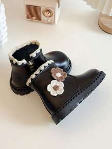 女童皮靴，2025冬季新款可爱时尚碎花保暖加厚儿童踝靴，女童婴儿幼儿大童软底防滑切尔西靴 - 黑色 - 查看 4