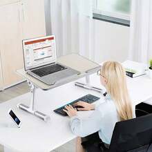 Mesa auxiliar de cama con altura y ángulo ajustables, elevador para portátil, mesa plegable multifuncional, soporte plegable para tablet de hasta 17 pulgadas, ideal para trabajar, estudiar, leer o escribir desde el sofá. También sirve como mesa, soporte para portátil con altura ajustable y bandeja para desayunar en la cama, el sofá, la terraza o el balcón. - Blanco - Ver 3