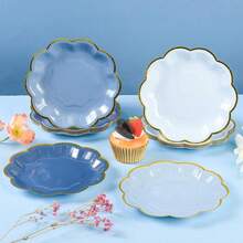 10pcs/20pcs/40pcs/Set,Gray Blue Party Plates Gradient Blue Dessert Paper Plates 7 Inch Gold Foil Scalloped Edge Disposable Cake Plates For Tea Party Birthday BabyShower Bridal Newborn Christening Wedding Party Supplies (Gray Blue) - 藍色 - 查看 4