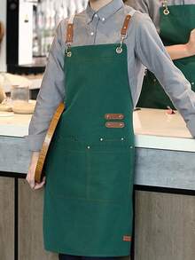 Delantal de lona impermeable y resistente con pechera ajustable y correas de cuero sintético - Adecuado para cafeterías, tiendas de té con leche y salones de belleza, uniforme de trabajo para damas, delantal de limpieza de cocina - Multicolor - Ver 19