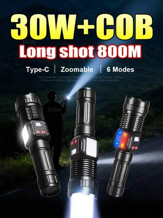 New High-Power LED Flashlight 30W High Lumen Zoom Flash 6/5mode Multi-Function Built-In Flashlamp Type-C Rechargeable With COB Emergency Light For Outdoor Camping Hiking Adventures