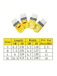 4 piezas/paquete Calcetines antideslizantes para mascotas perros/gatos con patrón de pato de goma - Amarillo - Ver 7