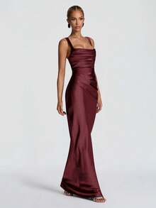 Elegant Satin Cinched Waist Bodycon Slip Dress, Long Gown For Halloween Party, Cocktail Party, Christmas Party - Burgundy - View 3