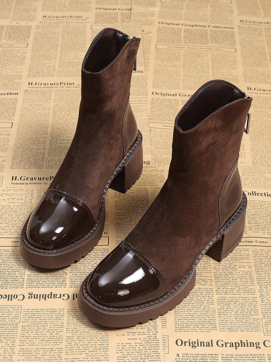 优雅复古高跟踝靴，2025秋冬新款时尚皮革麂皮拼接后拉链踝靴，百搭通勤时尚靴 - 棕色 - 查看 1
