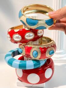 1pc Multi-Element Striped & Polka Dot Design Cloisonné Style Bracelet, Faux Pearl Decor, Elegant & Sexy Red & Blue Contrast, Suitable For Women's Daily Wear - Multicolor - View 1