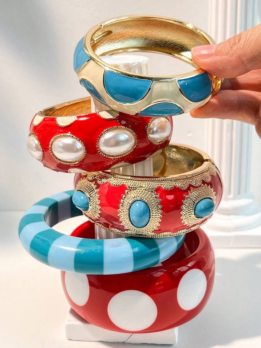 1pc Multi-Element Striped & Polka Dot Design Cloisonné Style Bracelet, Faux Pearl Decor, Elegant & Sexy Red & Blue Contrast, Suitable For Women's Daily Wear - Multicolor - View 1