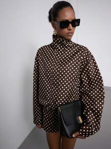 Se-Hore Fashion Women's Autumn New Arrival Clothing, Back To School/College Outfit, Street Style, Autumn/Winter Fashion Outfit, European & American Style Retro Polka Dot Stand Collar Bomber Jacket - Coffee Brown - View 5