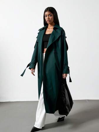 Abrigo largo tipo trench de estilo suelto, elegante y con cordón, adecuado para uso casual, de negocios, para ir al trabajo, estilo urbano, relajado y minimalista, con un toque chic europeo y americano, para mujer, otoño/invierno 2025