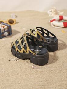 儿童时尚拖鞋，新款夏季加厚鞋底网眼镂空设计，时尚舒适透气儿童高跟拖鞋 - 金色 - 查看 4