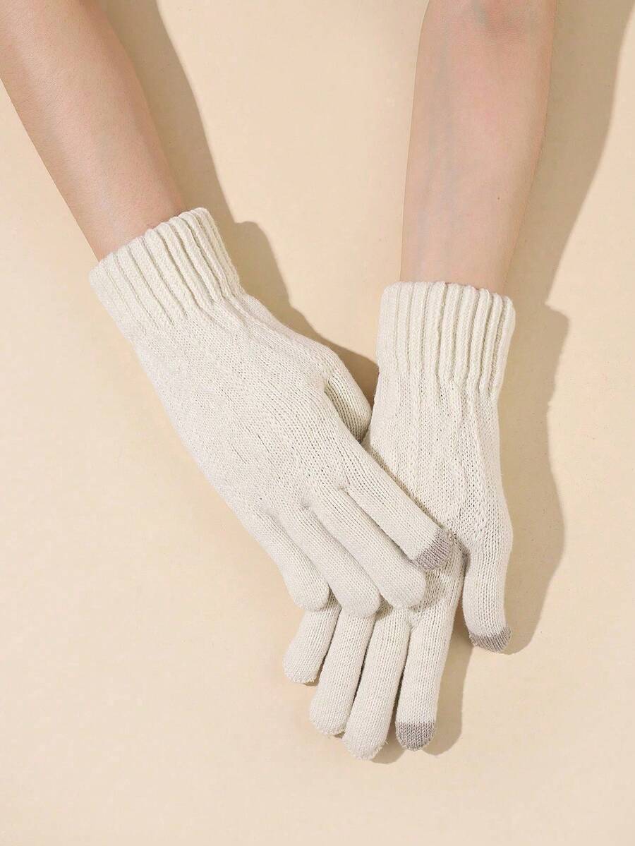 1 双女士冬季触屏手套，简约针织保暖连指手套 - 白色165 - 查看 1