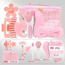22pcs Pink Hair Care & Massage Set, Suitable For Women, Includes Hair Clips, Hair Ties, Wristbands, Scrunchies, Massage Tools, Face Brush, Scalp Brush, Comes With Luxury Cosmetic Bag, Great For Daily Skincare, Face Massage, Hair Accessories, Best Gift Choice - Multicolor - View 10