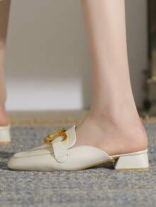 HanDuEke 女士方头粗跟穆勒拖鞋，2026新款夏季平底套脚凉鞋，时尚达人米色乐福鞋 - 米色 - 查看 2